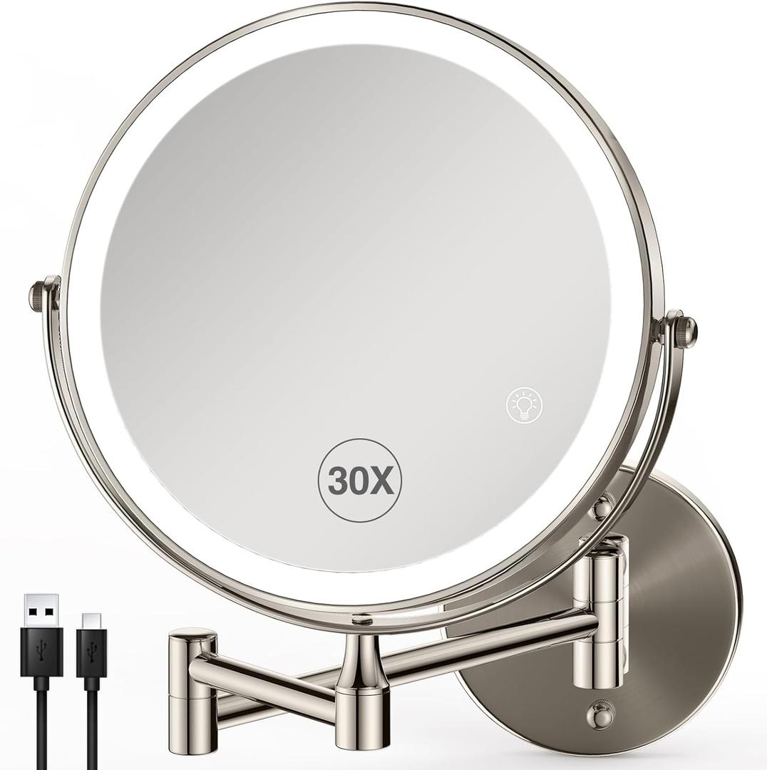 30X/1X Wall Mounted Makeup Mirror with Light: 8.5 Inch Double-Sided, 3 Color Modes, USB-C Rechargeable, 360 Swivel, Brushed Nickel