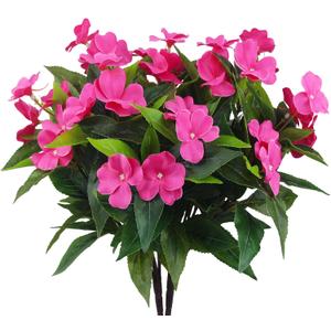 2 Branches Artificial Impatiens Flowers for Outdoors - Faux Bushes Rose Red Silk Flowers Greenery Bouquet for Patio Lawn Garden Pot Hanging Basket Porch Decoration