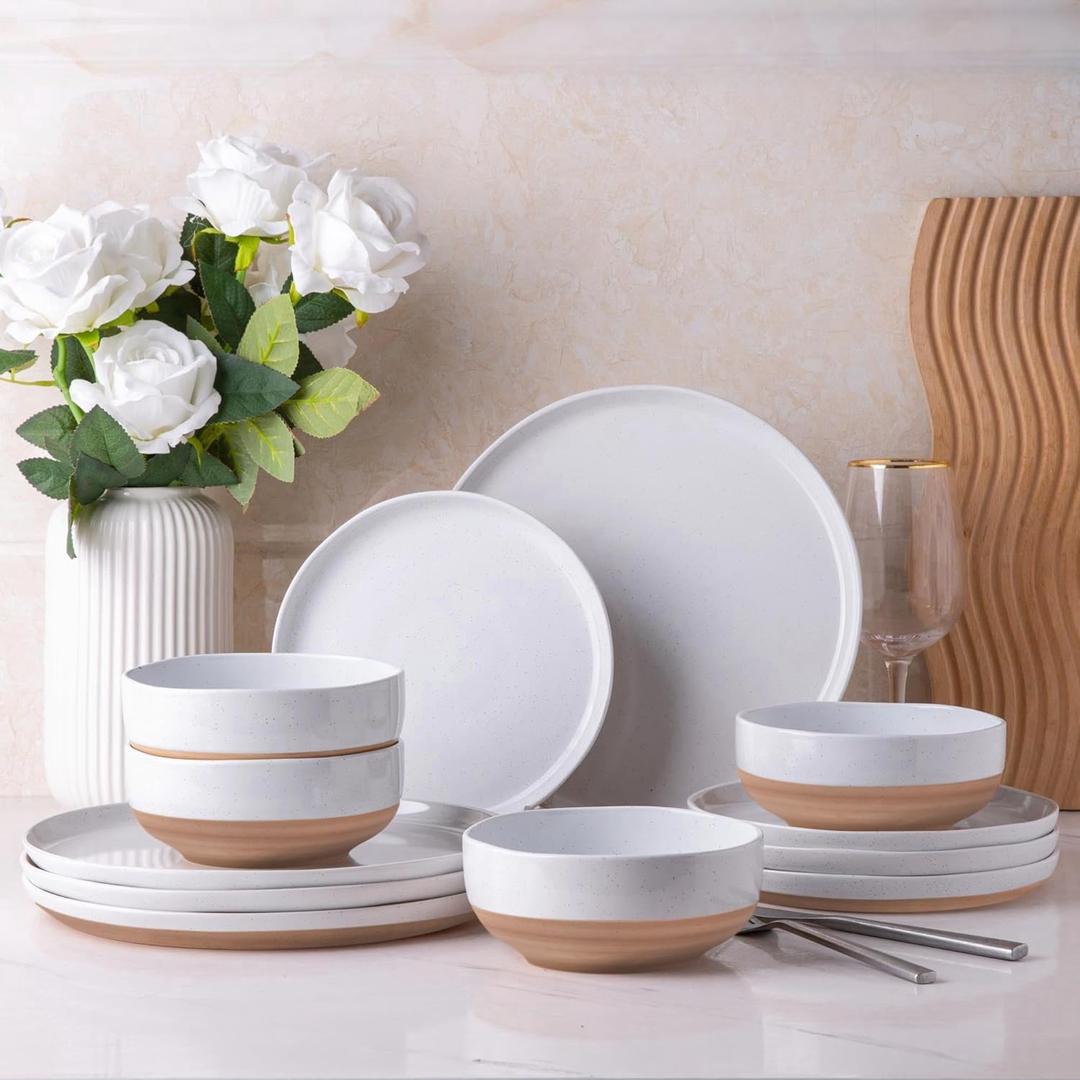 AmorArc Ceramic Dinnerware Sets for 4, 12 Pieces Handpainted Plates and Bowls Set with Rustic Terracotta Underside, Scratch Resistant Stoneware Dishes Set, Dishwasher & Microwave Safe, White