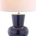 JONATHAN Y 28.5" Navy Ceramic Table Lamp for Living Room Bedroom Nightstand, Modern Hourglass LED Bedside Lamp with Crystal Base and Linen Shade (JYL4027B)