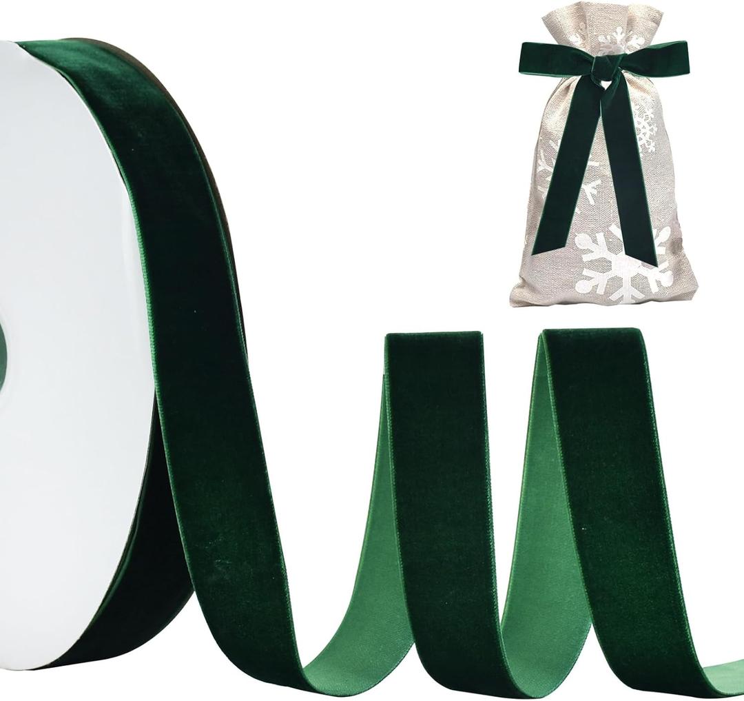 TONIFUL Christmas Green Velvet Ribbon 1 Inch x 25yds, Vintage Velvet Ribbons, for Christmas Wreath Decoration Handmade Craft Ornaments Gift Wrapping & Bow Making, Valentine's Day Bouquet Packaging
