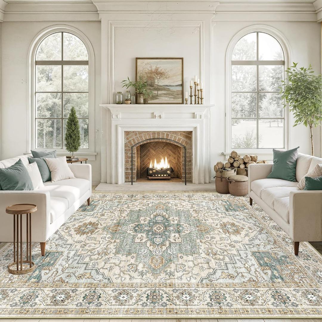 10x14 Living Room Rug - Large Washable Non Slip Vintage Rugs Low Pile Stain Resistant Distressed Carpet for Bedroom Dining Room Home Office 10'x14' Green/Beige