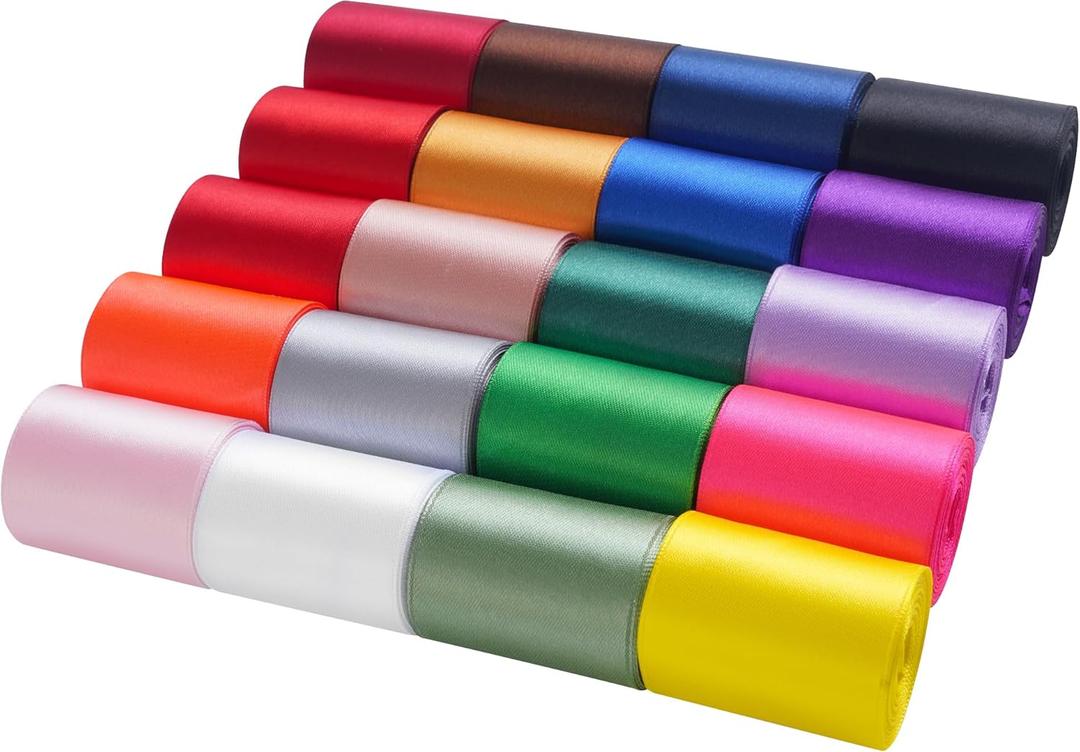 LIUYAXI 20 Colors 100 Yard Satin Ribbon Fabric Ribbon Assorted Ribbon Rolls, 2 Inch Wide 5 Yard/Roll, Rinbow Ribbons Perfect for Gift Wrapping, Crafts, Hair Bows, Wedding Party Decor,Flower Bouquet (Multicolored)