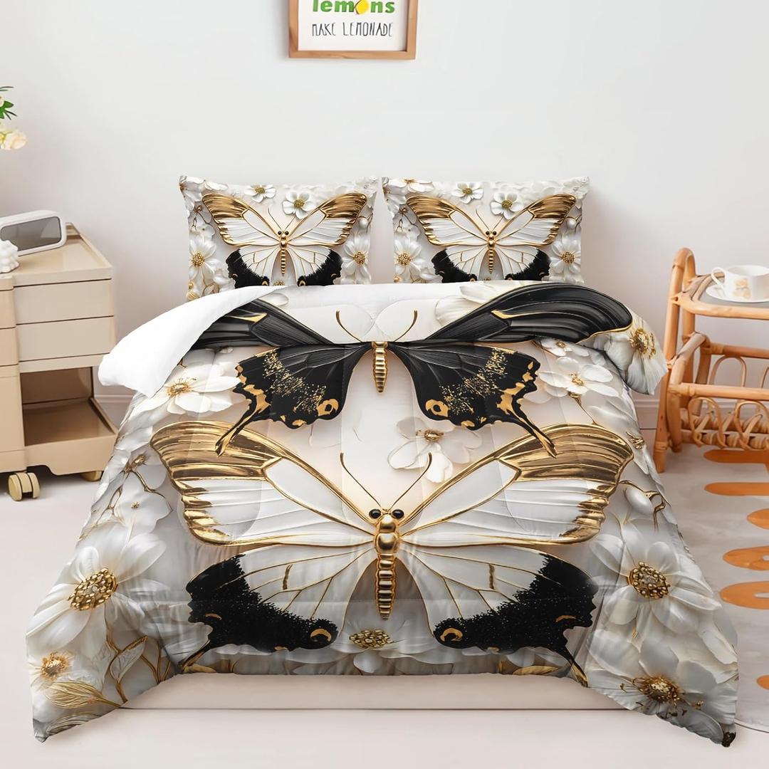 AILONEN Black and White Butterfly Comforter Set Queen Size,Gold Flower Butterfly Bedding Set for Kids Girls Women