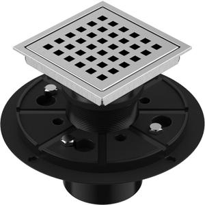 EXF Square Shower Drain 4-3/8 Inch Brushed Nickel, Stainless Steel Shower Floor Drain Kit with ABS Flange, Removable Cover Grid Grate, Hair Strainer