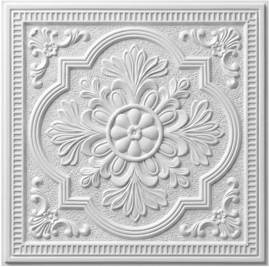Nuanchu 40 Pcs Foam Drop Ceiling Tiles Peel and Stick White 3D Wall Panels, 26-105.5 Sq. ft Adhesive Glue up Waterproof Wallpaper DIY for Office Home (13.8 x 13.8 Inch,Exquisite)