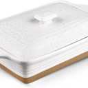 HVH Ceramic Casserole Dish with Lid - Oven Safe, 9x13 Rectangular Baking Dish, 3.5 Quart, Farmhouse Style (White)