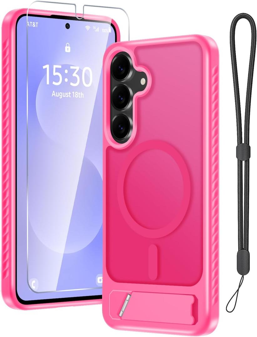 Samsung Galaxy S25 FE Case with Screen Protector+Lanyard Wrist Strap,Magnetic Translucent Matte Rugged Slim Phone Cover Built in Invisible Kickstand [Fit for MagSafe],2025 Hot Pink