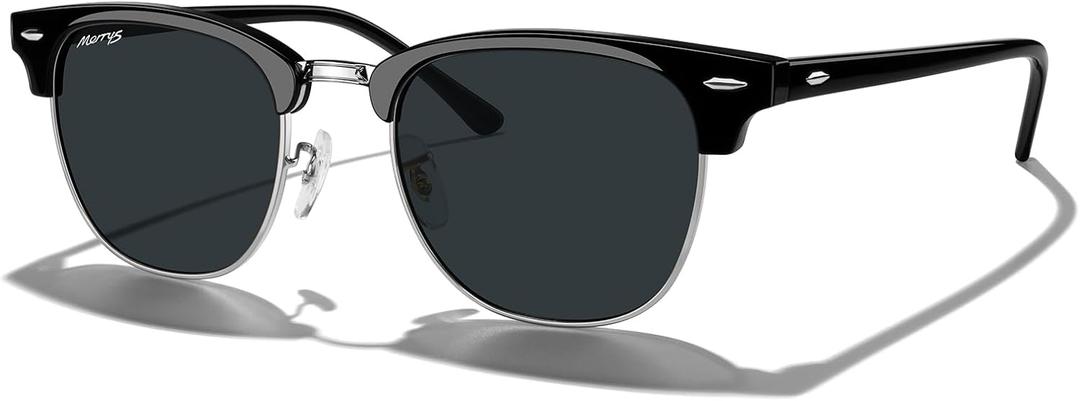 MERRY'S Classic Square Semi-Rimmed Polarized Sunglasses for Men Women S6016 (Black Frame/Silver Bridge/Black Lens)