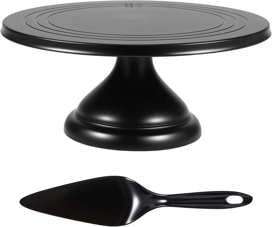 12 Inch Cake Stand, Round Cake Holder with Spatula, Cakes Plate with Detachable Base, Dessert Table Display Set, Cupcake Decorating for Birthday Parties, Weddings, Baking (2 Pack)(Black)