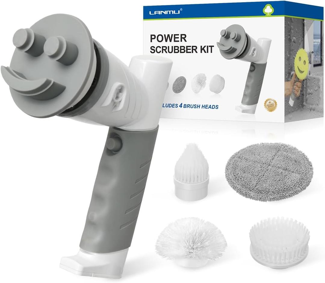 LANMU Power Scrubber Compatible with Scrub Daddy/Mommy, Ergonomic Sponge Wand, Cordless Cleaning Brush with 5 Replaceable Heads for Oven, Stove, Sink, Shower, Tub, Tile