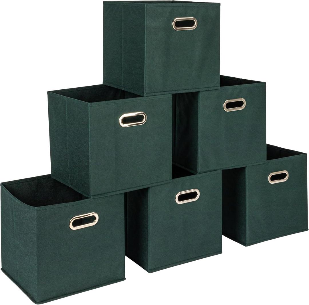 Household Essentials Foldable Fabric Storage Cubes 6-Pack  11x11x11 Stackable Non-Woven Bins with Chipboard Sides & Grommet Handles  Closet, Shelf, Nursery, or Office Organizer  Dark Green