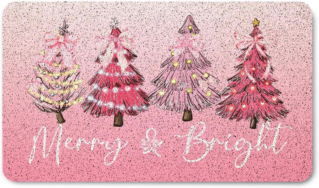 Pink Coquette Bow Christmas Tree Door Mat Outside Entrance, Preppy Xmas Tree Welcome Mats for Front Door, Merry Christmas Winter Doormat for Outdoor Indoor Entryway, 17x30 Inches