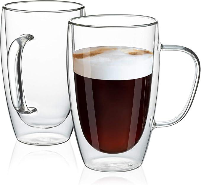 MEWAY 16oz/2 pack Coffee Mugs, Thickened Clear Glass Double Wall Cup with handle for Coffee, Tea, Latte, Cappuccino (16 oz)