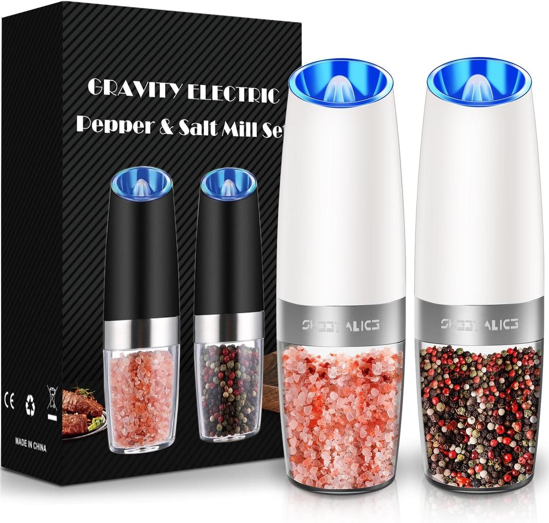 Sweet Alice Gravity Electric Pepper and Salt Grinder Set, Adjustable Coarseness, Battery Powered with LED Light, One Hand Automatic Operation, Snow White, 2 Pack (2.5x2.5x7.9inch, Set/Snow White)