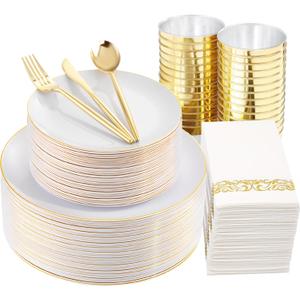 MirthMood 350Pcs White and Gold Dinnerware Set,Plastic plates Includes:50 Dinner Plates, 50 Dessert Plates, 150 Gold Plastic Cutlery,50 Paper Towels & 50 Cups for Party&Wedding