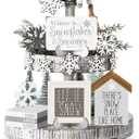 19 Pcs Winter Tiered Tray Decor Snowflakes Wood Rustic Decoration Tiered Sign Table Centerpieces Without Tray for Tabletop Shelf Winter Xmas Home Party Gifts(Farmhouse)