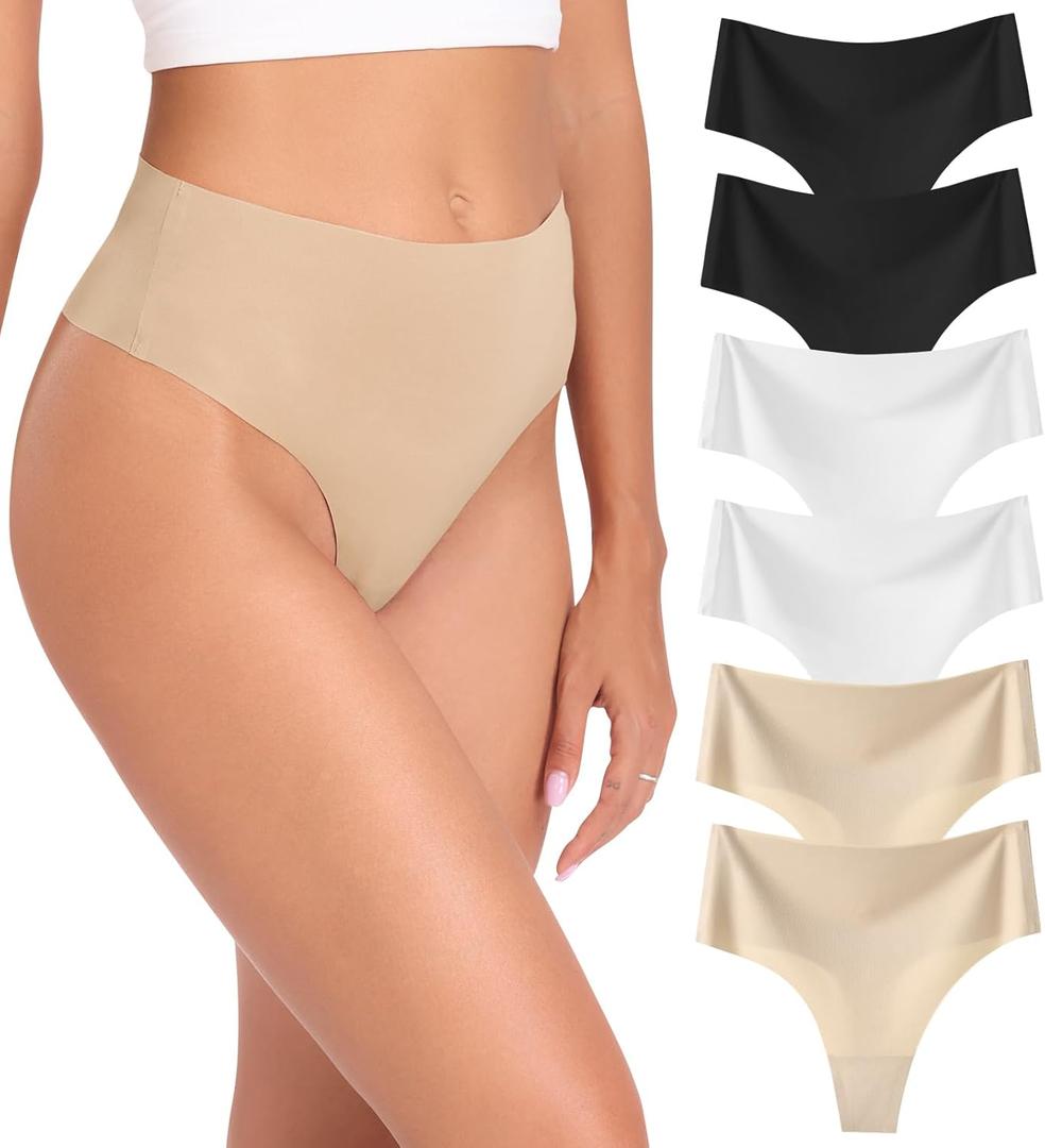 Wealurre Womens Underwear High Waisted Seamless Thongs for Women Breathable No Show Panties for Ladies 6 Pack (Medium, B2/W2/A2)