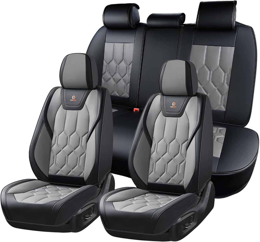 Huidasource Leather Car Seat Covers Full Set, Full Coverage Universal Fit for Most Cars SUVs Trucks, Easy Install with Velcro, Airbag Compatible, Retains Seat Functions & Cupholders, Black & Gray