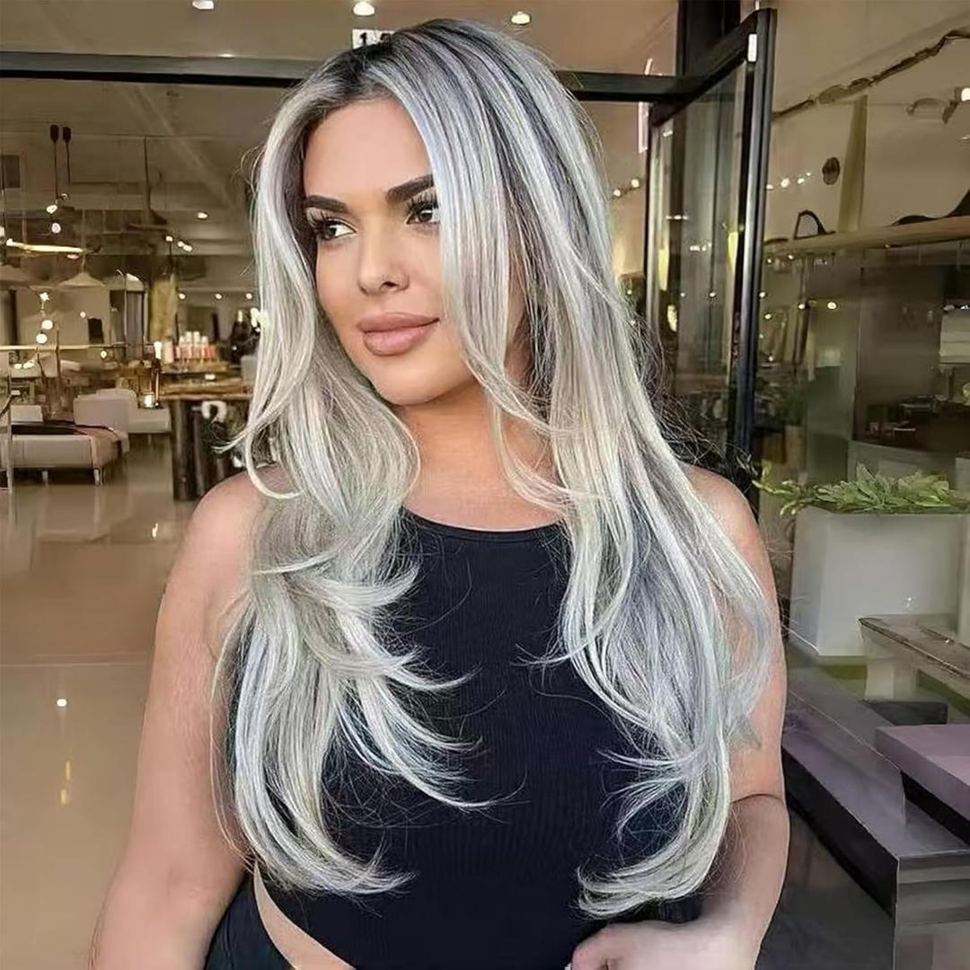Ombre Platinum Blonde Wig Layered Wavy Synthetic Mixd Ash Blonde Wigs with Curtain Bangs for Black White Women Long Ombre Light Brown Natural Wavy Layered Butterfly Haircut