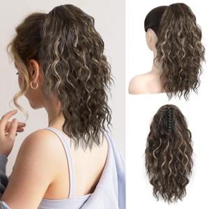 REECHO 14" Highlight Ponytail Extension, Short Claw Clip on Ponytail Extension Fake Pony Tails Wavy Curly Clip in Hair Extensions Synthetic Hairpiece HP002 - Chocolate Brown with Blonde Highlights