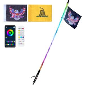 1 PC 4 FT Whip Light, APP & RF Remote Control Led Whip Light, Waterproof 360° Spiral RGB Chasing Lighted Whips with 2 Flags, for UTVs, ATVs, Motorcycles, RZR, Can-am, Trucks, Off-Road, Go-Karts