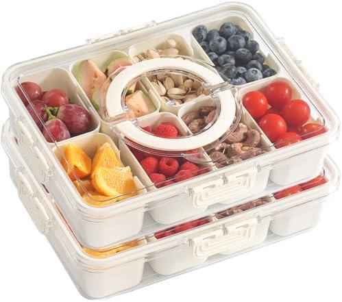 DAOTENGQL Snackle Box Container with Lid and Handle, Upgraded BPA-Free PP, Portable Divided Snack Tray for Travel, Picnic, Party, Camping, Beach, and Road Trips Large Size 11.8"x8.8" Clear and White