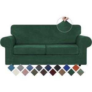 WEERRW Velvet Couch Covers for 2 Cushion Couch Sofa - High Stretch Velvet Plush 3 Pieces Sofa Slipcovers with Elastic Bottom, Furniture Protector for Pets, Machine Washable, Emerald Green, Medium