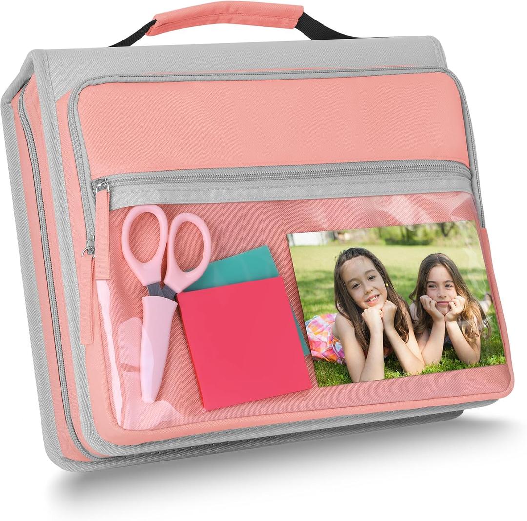 Ndsox Zipper Binder 3 Ring with Handle, 2 Inch O-Ring Document Organizer Middle School Binder with Zipper for Students, 5-Tab Expanding File Folder & 2 Mesh Pouches, DIY Clear Front Pocket, Pink