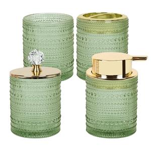 FEILANDUO Bathroom Accessories Set,4Pcs Glass Bathroom Accessories,Vanity Bathroom Decor, Soap Dispenser, Toothbrush Holder Set, Apothecary Jar, Gift for Home Apartment (Green A)
