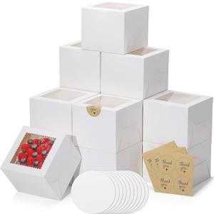 10pcs 6 Inch Cake Boxes with Sticks and Boards for Cookies, Small Cakes, Mini Desserts, Bento, and Bakery, Cupcake Box for Birthday, Party, Wedding, Mother's Day, Christmas6x6x5 inch