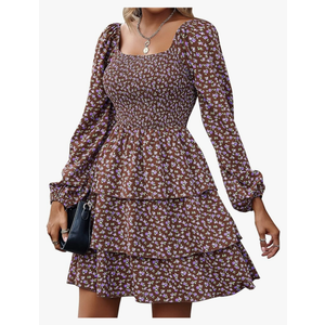 BTFBM Women Square Neck Smocked Dresses 2025 Summer Spring Long Sleeve Floral Swiss Dot Mini Boho Wedding Guest Dress L