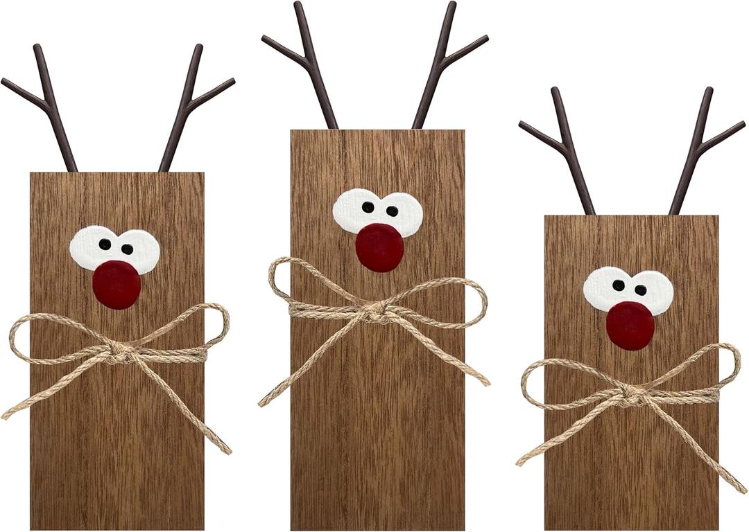 3Pcs Reindeer Table Signs Christmas Decorations Indoor Farmhouse Winter Decor Christmas Vintage Reindeer Blocks for Office Kitchen Home Decor