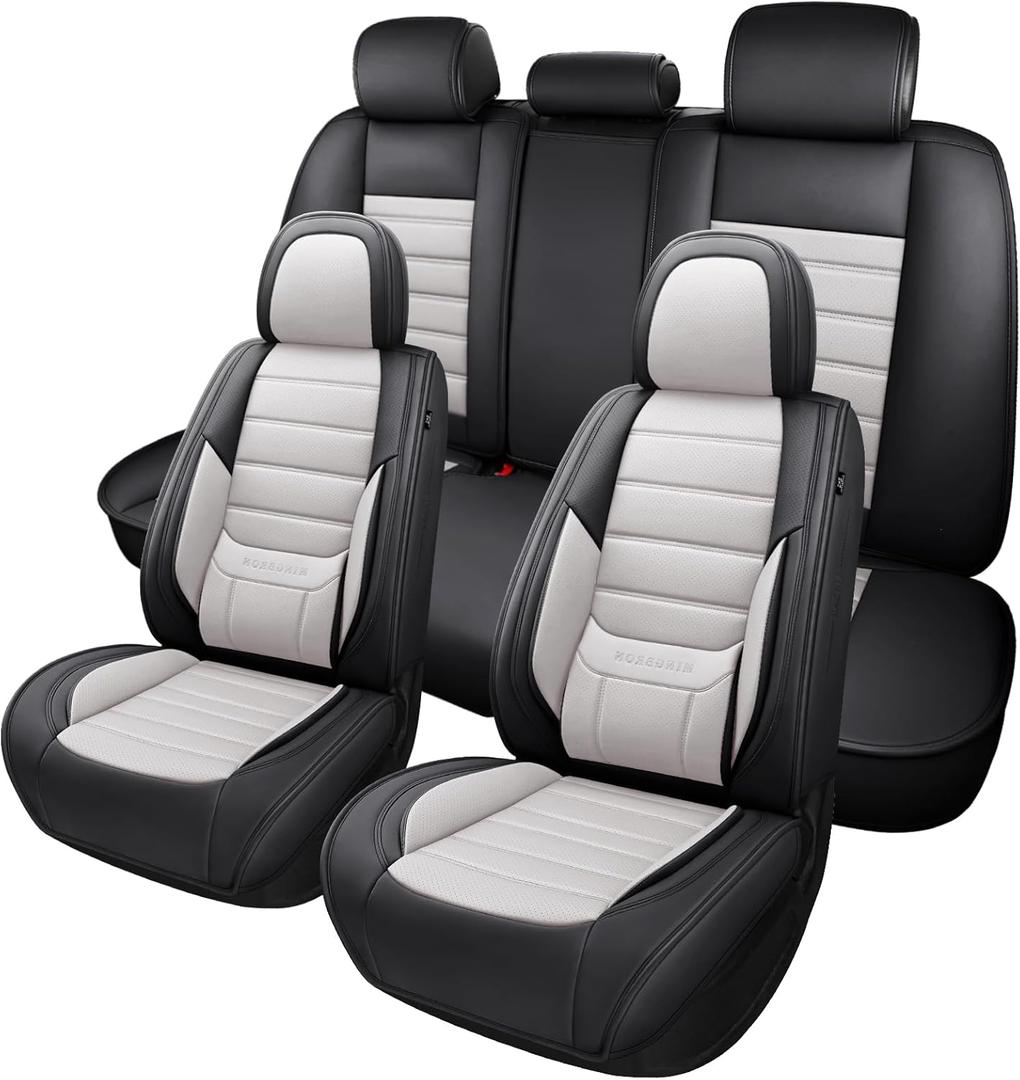 MINGBRON Car Seat Covers Full Set,Black White Car Seat Cover, Car Seat Protector Waterproof, Nappa Leather Car Seat Cushion, Fit for Most Cars