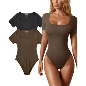 OQQ Women's 3 Piece Bodysuits Sexy Ribbed One Piece Square Neck Short Sleeve Bodysuits (Black Beige)