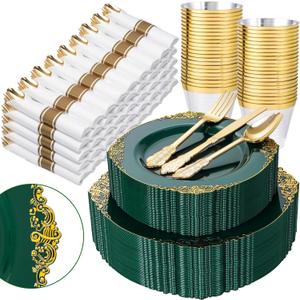 Nervure 350PCS Green Plastic Plates - Green Gold Plastic Dinnerware Sets for 50 Guests - 100 Disposable Plates, 150 Gold Silverware, 50 Cups, 50 Napkins Perfect for Wedding & Party