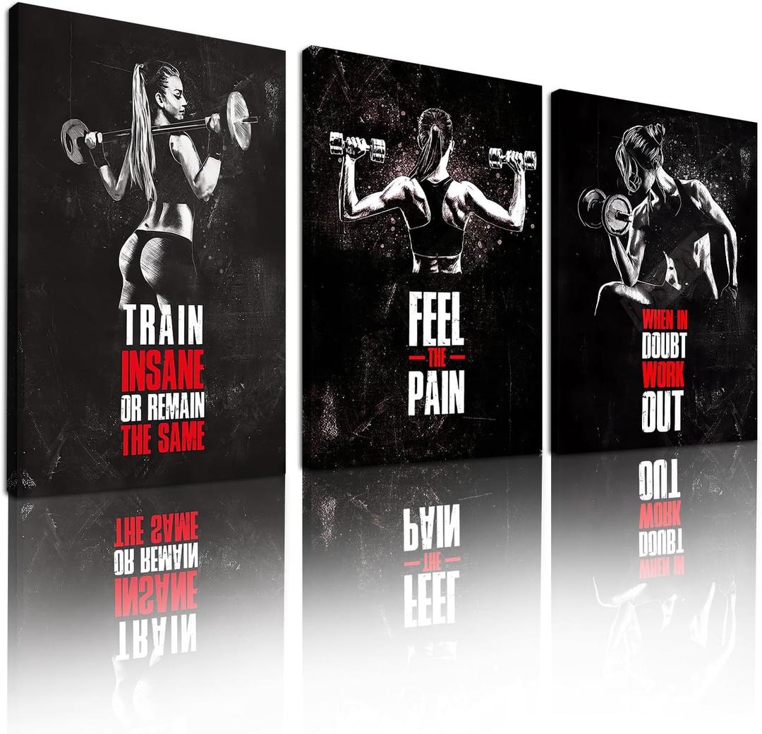 Sbemyenus Motivational Gym Wall Art, Inspirational Workout Room Wall Decor Set of 3, Woman Bodybuilding Lifter Positive Canvas Art Print for Gym Exercise Classroom Decor, 12x16inch Unframed