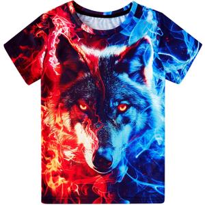 Funnycokid Boys Girls Shirts Graphic T-Shirt Neon Clothes Kids Novelty Youth Short Sleeve Animal Print Tees 4-16 Years (Wolf Blue Orange)