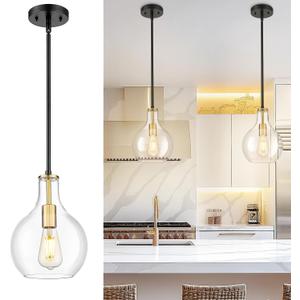 Emak Black and Gold Pendant Lights Kitchen Island, 8 Inch Pendant Light Fixtures with Clear Glass Shade, Modern Farmhouse Island Lights for Kitchen, Dining Room, Bathroom, PL125-BKBGD-CG