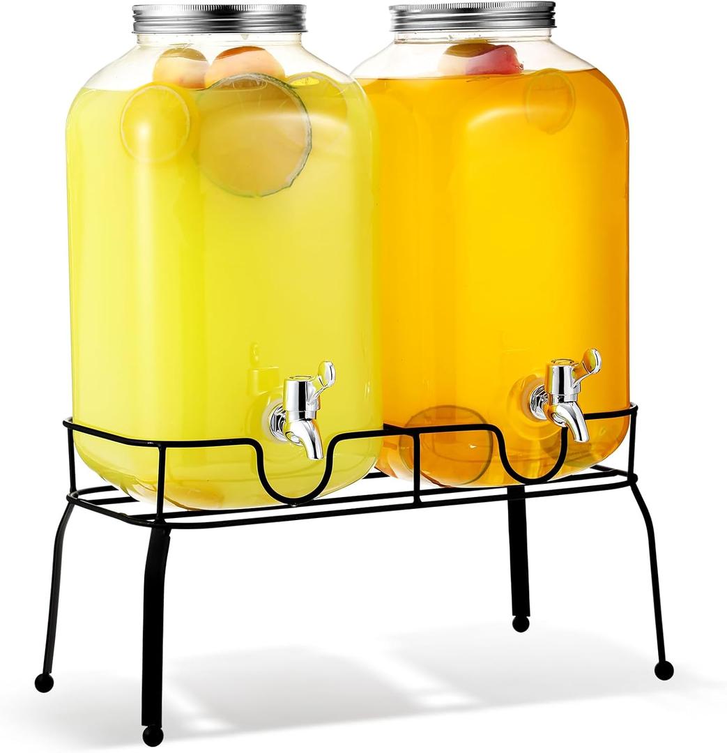 2 Pcs 2 Gallon Plastic Beverage Dispensers with Stand Large Clear Drink Containers for Parties with Spigot Lid for Weddings Countertop Summer Party Bar Picnics Water Ice Tea Lemonade Juice