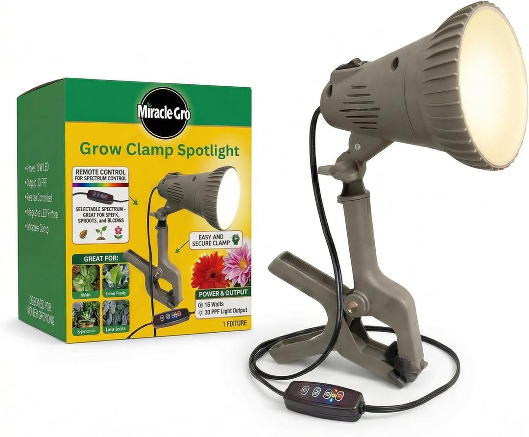 Miracle-Gro Indoor Grow Light Clamp Spotlight with Controller | Full Spectrum 15W LED for Plants, Grow Lights for Indoor Plants, LED Grow Lights