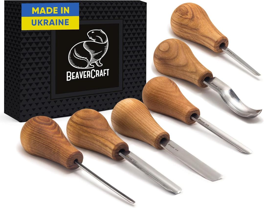BeaverCraft Wood Carving Gouges Kit SC05 - Wood Carving Chisels Set with Palm Gouge & Flat Straight Chisel, Rounded Short Bent, V-chisels - Whittling Knives, Tools for Beginners and Profi Carvers