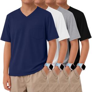 Vinsatin 4 Pack Boys' Short Sleeve T-Shirts V Neck, 4-Color, 5-6 Years