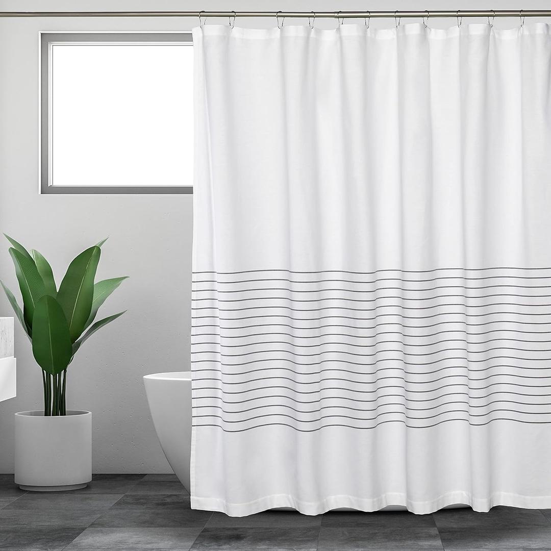 Sticky Toffee Fabric Shower Curtain, 72 x 72 Inch, White and Gray Woven Striped Bathroom Curtain, Farmhouse Boho Style