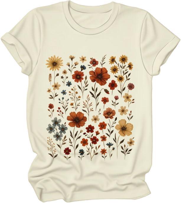 3 x Floral Graphic Tees for Women Boho Women's Vintage Floral Tops Wildflower Short Sleeve Casual T-Shirts Ladies Shirt (XXL)