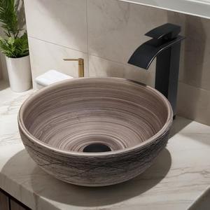 Lonuebu 14-inch Round Ceramic Vessel Sink with Black Waterfall Faucet & Pop-Up Drain, Vintage Bathroom Sink for Countertop, 6-inch Height, Retro Porcelain Basin with Matte Black-brown pattern