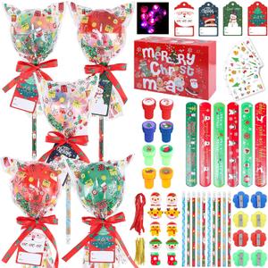 BESARME 24 Sets Christmas Classroom Gifts for Kids, Christmas Party Favors Lollipop-Shaped Stationery Set with Gift Tags Pencils Stickers Erasers for Classroom 8+ years old