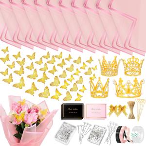 338Pcs Flower Bouquet Wrapping Paper Kit, Waterproof Floral Wrapping Paper Florist Bouquet Supplies with Crowns Butterfly Decor Pearl Pins and Ribbons for Birthday Wedding DIY CraftTranslucent Pink