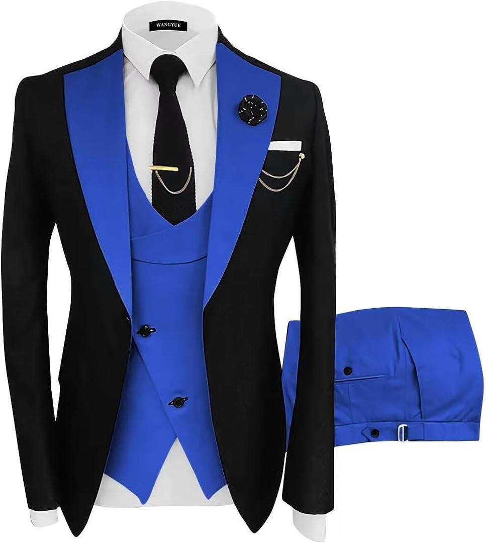 Wangyue Mens Suit 3 Piece Slim Fit Suits for Men Wedding Prom Tuxedo for Men Formal Business Suit (X-Large, Black-royal Blue)