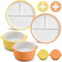 Domensi 4 Pcs Porcelain Kids Plates and Bowls Sets with Suction, 2 Ceramic Toddler Divided Plates 2 Baby Anti Slip Silicone Sleeve Bowls for Feeding Supplies Microwave Dishwasher Safe (Orange,Yellow)